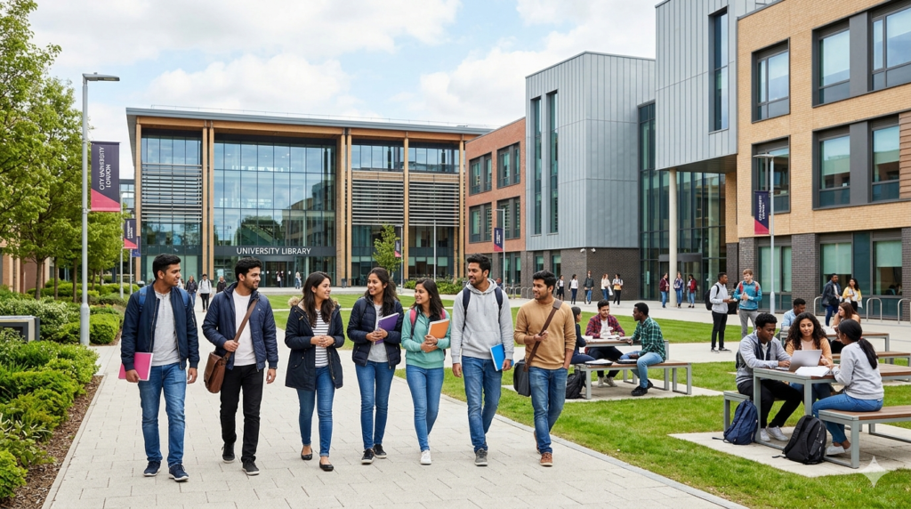 International students studying at a UK university campus