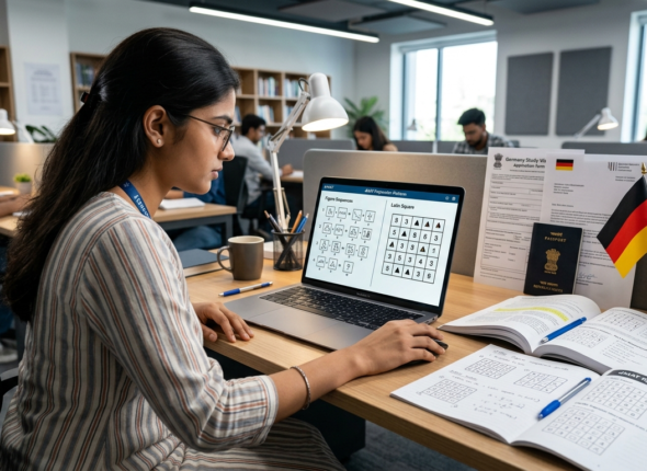 Indian student practising dMAT figure sequences and Latin squares on a laptop before the Germany exam