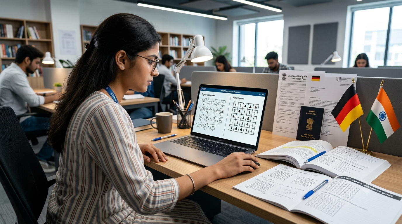 Indian student practising dMAT figure sequences and Latin squares on a laptop before the Germany exam