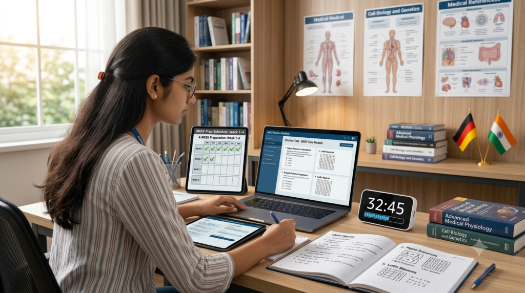 Indian student at desk following a 4-week dMAT preparation schedule with laptop and timer
