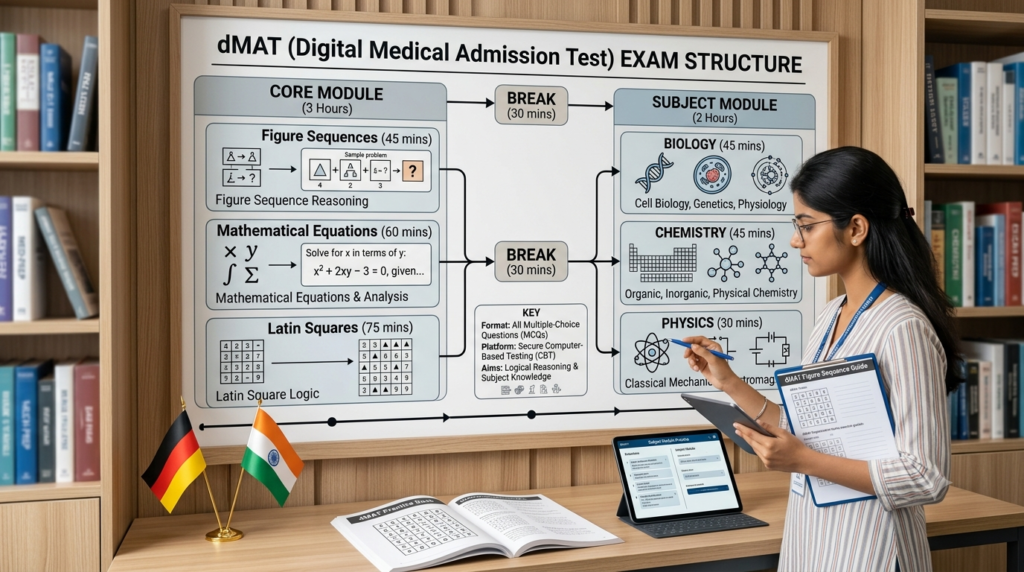 Diagram showing dMAT exam structure — core module with figure sequences, mathematical equations, Latin squares, and subject module