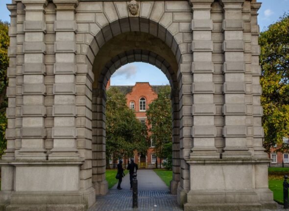 Stone archway leading into the Trinity College Dublin campus